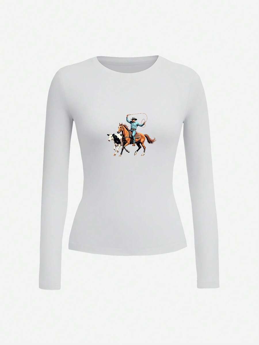 Cowboy On Horseback Swinging Lasso Women's Fashion Long Sleeve Shirt,Y2K, Streetwear, Casual, Rock,Crew Neck,Tee For Women, Holiday, Vacation,Festival,Daily Wear,Outfit Tops - 白色 - 查看 1