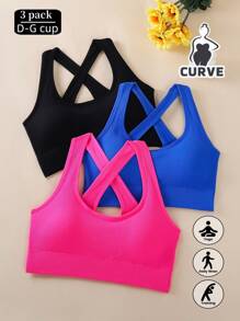 3pcs Plus Size Sports Bras With Criss-Cross Straps, Supportive Yoga Fitness Running Crop Tops For Women