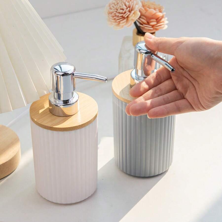 1pc Minimalist Wooden Lid Refillable Liquid Soap Dispenser, Luxury Pump Bottle For Hand Wash, Body Wash, Lotion - Multi-Purpose Dispenser For Kitchen, Bathroom, Bedroom, Living Room Home Decor, Suitable For Summer - Multicolor - View 1