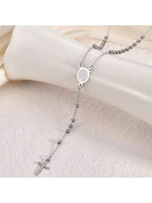 1pc Classic 59-Bead Cross Necklace Stainless Steel, Guadalupe Charm Pendant, Suitable For Men & Women Daily Wear, Baptism