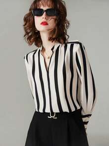 夏季女装初秋竖条纹女衬衫小立领V领长袖衫时尚优雅法式女装通勤上衣 - 黑與白 - 查看 6