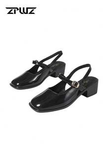 ZPWZ2025 女士时尚浅金色镜面金属玛丽珍平底鞋，适合春季通勤、约会、派对、度假，简约系带平底凉鞋，新款水晶约会高端时尚纯色高跟凉鞋，大码女鞋 - 黑色 - 查看 5