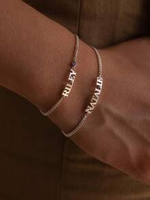 1pc Simple And Fashionable Bracelet, NK Chain With Letter Cutting Custom Jewelry, 12 Birthstones To Choose From, Daily Wear Simple Style, Name, Text, Word Bracelet, Fashionable Gold Jewelry, 18k Gold Electroplated Stainless Steel Jewelry, Including Gift Box, As A Gift, Valentine's Day, Daily Gift. - Multicolor - View 3