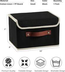 Storage Boxes With Lid Cotton Linen Fabric Storage Bins Organizer Container Decorative Collapsible Washable Shelf Baskets Faux Leather Handles For Home Bedroom Closet (Black, Small Size)