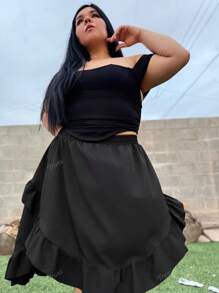 Truni Plus Size Women's Black Ruffles Hem Skirt, Vintage Black Layered Skirt