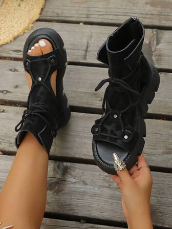 Sandalias de plataforma con punta abierta y cordones para mujer, sandalias romanas retro de tacón grueso y huecas, nuevas llegadas de verano 2025, zapatos negros