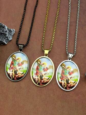 圣米迦勒保护我们大天使玻璃勋章吊坠项链男女款不锈钢金色基督教护身符首饰