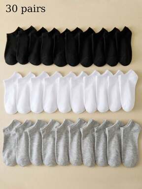 30 pares de calcetines cortos de mujer de unicolor negro, blanco y gris, diseño minimalista, cómodos y versátiles para uso diario