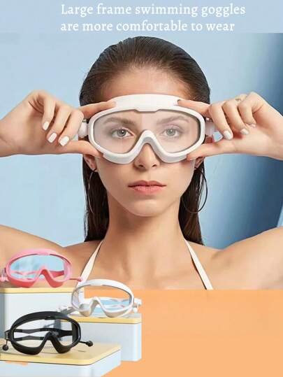 1pc Waterproof Anti-Fog High Definition Swimming Goggles With Earplug For Adults, Big Frame Swimming Goggles, Beach Essentials, Beach Accessories, Pool Float