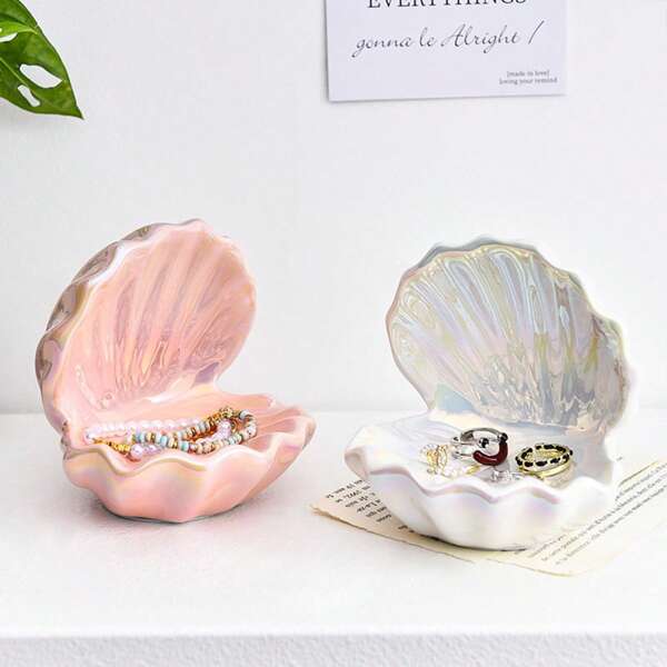 Simple Ceramic Shell Jewelry Organizer Tray, Decorative Trinket Holder For Desk, Room