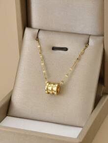 1pc Fashionable Rhinestone Circular Pendant Stainless Steel Necklace, Gold Jewelry, Gold Necklace, Gift - Yellow Gold - View 7