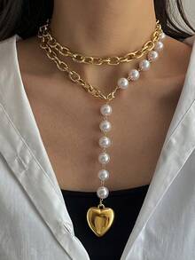1 件欧美奢华金属仿珍珠心形吊坠多层项链，优雅女士锁骨项链 - 金黃色 - 查看 1