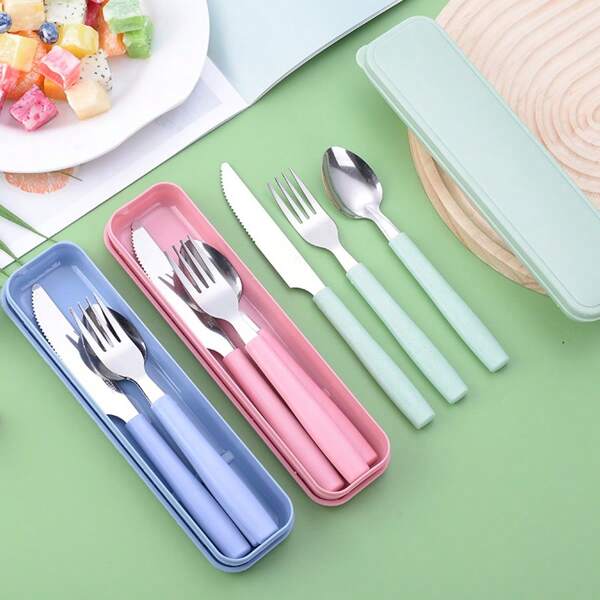 3pcs Stainless Steel Cutlery Set - Portable Travel Utensils With Spoon, Fork And Knife - 3-Piece Silverware Set With Carry Case, Suitable For Outdoor, Office Gifts, Picnics