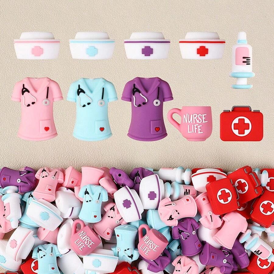 20 件 3D 硅胶护士设计珠，适合制作珠宝珠，可用于 DIY 钥匙扣 - 时尚耐用的护士制服设计，非常适合工艺品和手工礼品 - 彩色 - 查看 1