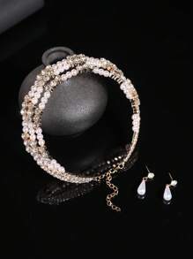 3 pièces Set de collier ras-du-cou et boucles d'oreilles à 3 rangs en zircone et perle, accessoire de robe de mariée, collier à gland