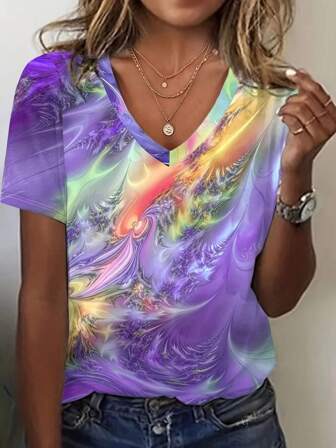 Plus Size Dames Zomer Tie Dye Print Korte Mouw V-hals Casual T-shirt