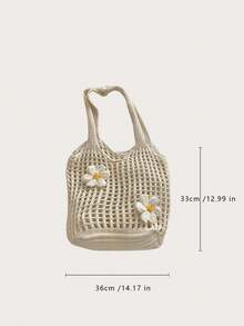 Yogodlns Knitted Tote Bag Woven Hobo Bag Large Capacity Fashion Tote Handbags With Flower Decor Casual Beach Bag Simple Summer Bag Women's Knitted Shoulder Bag Summer Handbag Ins Large Capacity Shopping Tote Bags Woven Hollow Mesh Beach Bags Cool Girl - Beige - View 7