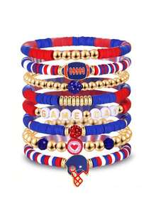 8pcs/9pcs Sports Themed Soft Pottery Beaded Bracelet Set, Accessories For Game Day And Sports Events - Game Day - View 3