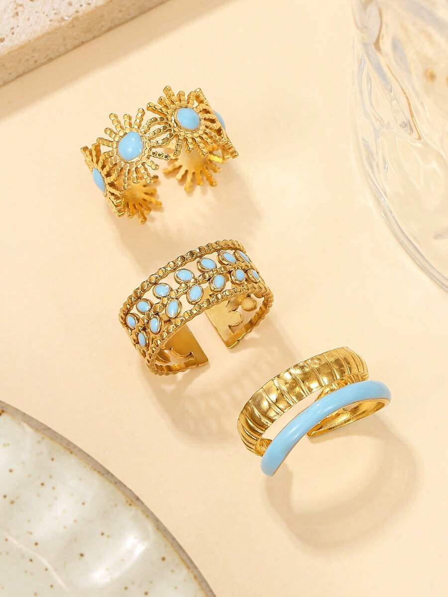3pcs Set Minimalist Stainless Steel Light Blue Oil Drop Rings, Suitable For Women's Daily Wear Or As Gift - Yellow Gold - View 1