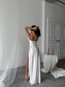 Women's Solid Color Elegant Backless Split Ruffle Hem Dress, Formal Wedding Party Evening Gown - White - View 4
