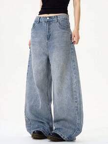 1pc Korean Style Men's Loose Washed Denim Casual Baggy Wide Leg Jeans - Baby Blue - View 3