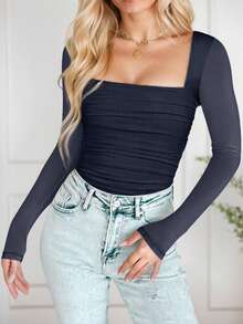 tooluck Womens Square Neck Mesh Long Sleeve Bodysuit Shapewear Corset Tops Sexy Concert Outfits Party Shirts Navy Blue - 藏蓝色 - 查看 2