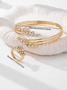 2 件奢华水晶装饰袖口手镯和戒指套装，女士简约奢华珠宝套装适合日常装扮、派对 - 彩色 - 查看 3