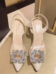 Zapatos de tacón alto con puntera de mujer de PVC transparente, para baile de graduación, boda, fiesta, primavera y verano, color champán, regalo de San Valentín - Beis - Ver 3