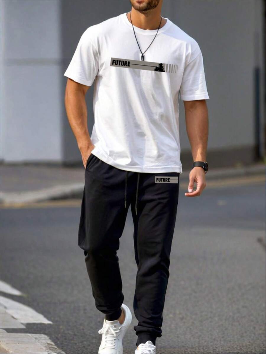 男士创意希望之树英文图案休闲宽松短袖T恤和抽绳长裤套装(2件套),适合街头、户外和日常穿着。 - 白色 - 查看 1