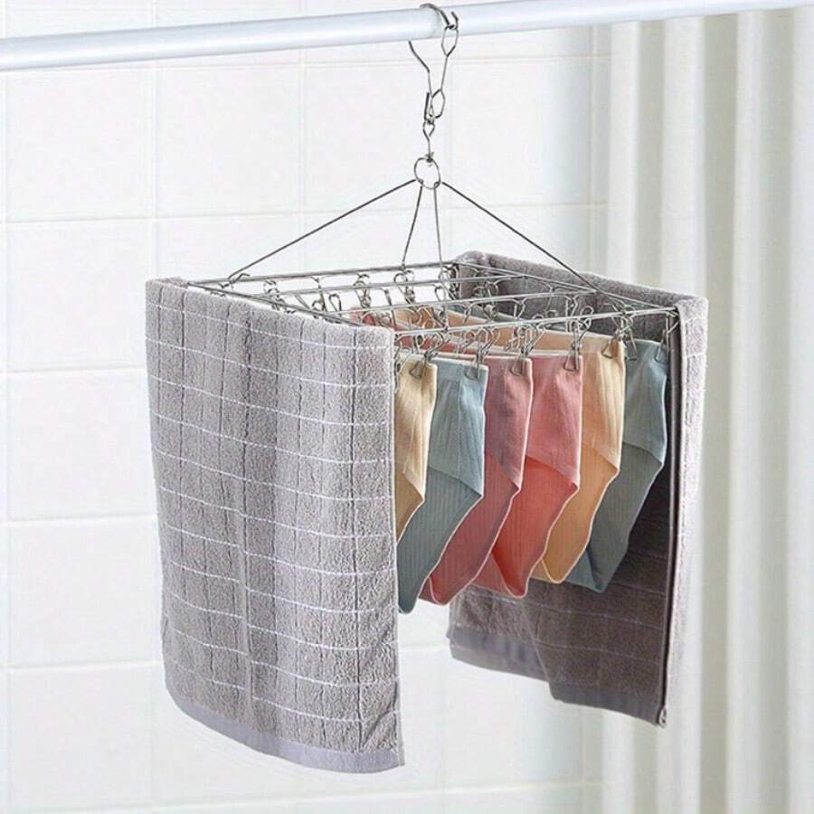 Ever Blooming 1pc Stainless Steel Drying Rack With 20/40 Clips - Windproof Hanging Organizer For Socks And Underwear, No-Drill, Space-Saving Multi-Function Hook, Suitable For Home And Retail Use, Perfect For Back To School, Stainless Steel Drying Rack, Multi-Clip Socks And Underwear Drying, 2026 New Model, Suitable For Winter, New Year Gift, Back To School Gift, Suitable For Back To School