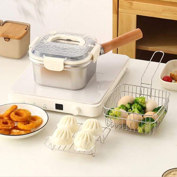 4pcs Stainless Steel Household Deep Fryer,With Fried Basket, Steaming Rack, And Food Clip, Outdoor Multi-Function Portable Deep Fryer Outdoor Portable Detachable Handle Fryer