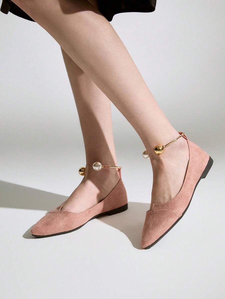 Ladies' Stylish Metal Ring Decoration Lotus Pink Pointed Toe Shoes Winter Gifts - Dusty Pink - View 1