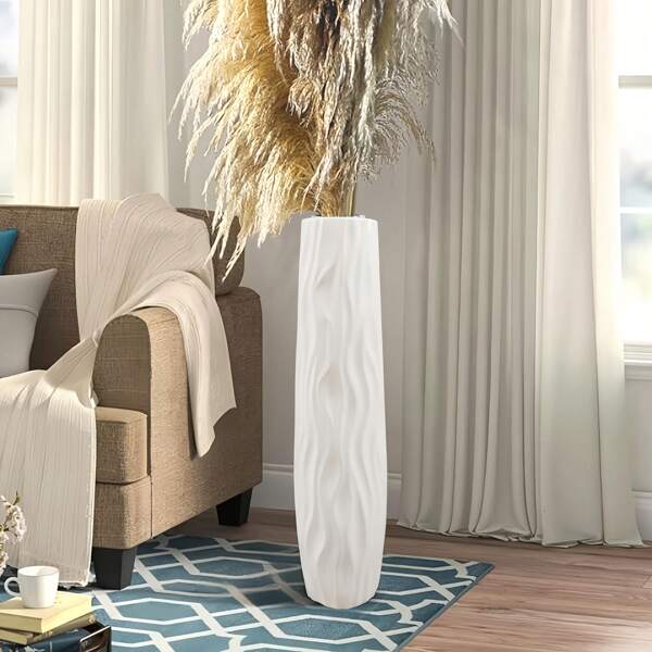 Vase sur pied grand et simple pour fleurs en plastique imitation céramique blanc et noir. Vase en plastique de style européen rétro de grande taille pour l'aménagement de fleurs séchées dans le salon. Décoration de bureau de style rétro durable et multicolore. Vase cylindrique classique sans pile, sur pied, pour la décoration rétro.