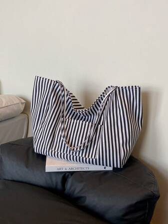 Sac fourre-tout rayé pour femme, sac à épaule polyvalent de style décontracté et ample pour les navettes