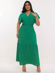 Elegant V-Neck Long Dress With Ruffles - xanh quân đội - Xem 1