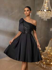 Faeriesty Luxury Sequined A-Line Asymmetrical Neck Bow Dress - Spring/Summer Formal Wear For Weddings, Private Parties & Galas, Party Dress, For Cocktail