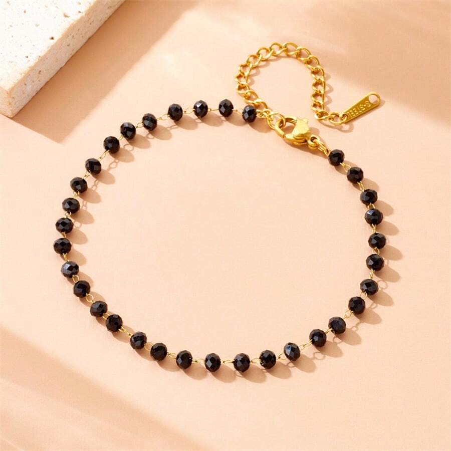 1 Stück elegantes, retro-bohemian-artiges schwarzes Armband aus Harz-Perlen und Edelstahlkette
