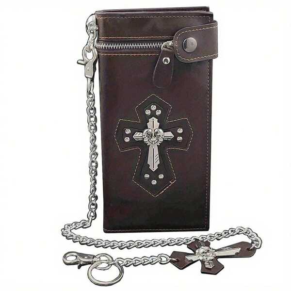 Crazy Hunter Punk Rock Skull Cross Mens Leather Long Card Money Wallet Purse With Chain Brown