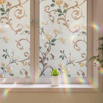 1 卷/45 厘米 * 100 厘米花卉和绿色装饰窗膜，复古风格，DIY 家居装饰，无胶，静电吸附，半透明，激光技术，隔热，遮光，防紫外线，窗户贴纸，适用于家庭，门玻璃，窗户贴纸