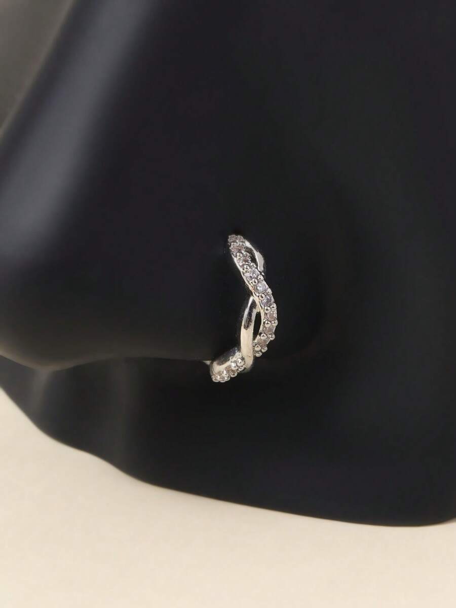 女士方形方晶锆石假鼻环铜质圆形耳骨耳洞身体饰品 - 銀色 - 查看 1