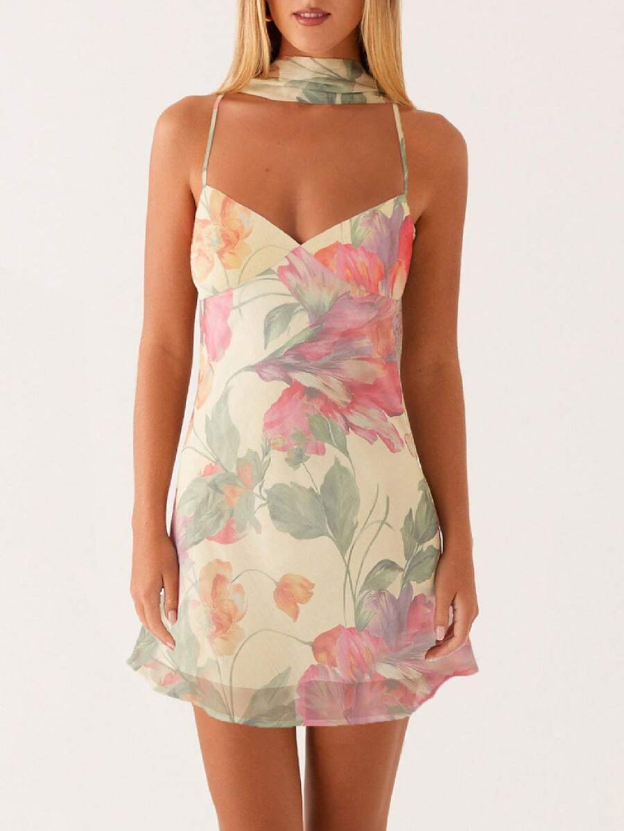 Women Y2k Floral Mini Dress Flower Halter Sheer Mesh Tie Back Short Dresses Summer Party Dress With Scarf - Màu be - Xem 1
