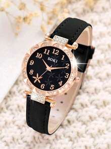 这款女士腕表套装采用时尚的海星表盘设计，搭配阿拉伯数字时标、镶钻表壳和PU皮表带。套装还包含一条配套手链。适合日常佩戴、生日、派对和节日聚会——是送给自己或朋友的完美礼物。 - 黑色 - 查看 3