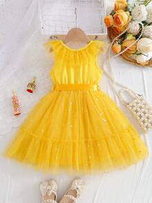 Toddler Girls Tulle Dress Sleeveless Star Print Belted Pageant Dress Kid Wedding Ball Gown - Màu vàng - Xem 3