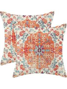1/2/4pcs Bohemian Vintage Carpet Pattern Pillow Covers In Orange And Blue Design For Decorative Farmhouse, Couch, Garden (No Insert)
