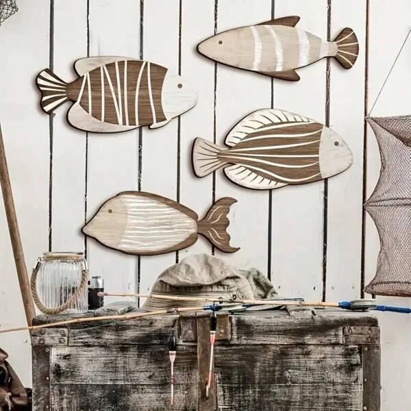 1/4 Stück Nautisches Holzfisch Wanddekor - Antik Ozean-Thema Hängende Kunst für Zuhause, Bad, Schlafzimmer - Vielseitige Feiertagsdekoration