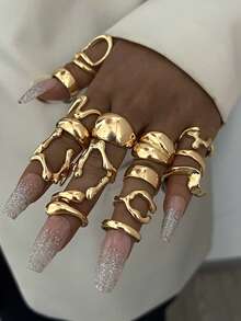 6/14/15/25 chiếc nhẫn kim loại hình trái tim giọt nước hình tròn trơn không đối xứng nhiều lớp tối giản, thiết kế cổ điển thanh lịch, thích hợp cho ngày lễ, tiệc tùng, hẹn hò, làm quà tặng, đeo hàng ngày - Vàng - Xem 14