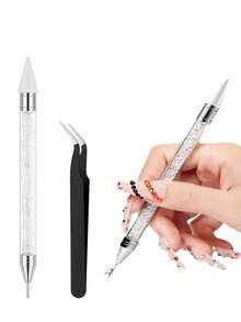 2Pcs Set Of Manicure Double-Ended Rhinestone Pens 1 Rhinestone Applicator Tool - Acrylic Handle Dual-Ended Wax Pen DIY Nail Art Tool With Tweezer - Multicolor - View 3