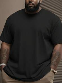 Plus Size Men's Casual Basic Solid Color Elastic Lightweight Breathable Crew Neck Short Sleeve T-Shirt - Black - View 9