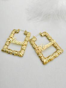 1pc Customized Bamboo Earrings, Elegant Minimalist Rectangular Earrings, Square Earrings, Gold Name Earrings, Personalized Earrings, Gift - Multicolor - View 7