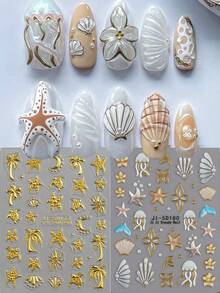 5D 金属海洋动物浮雕指甲贴纸 2 件金色椰子树海星海龟贝壳水母海豚芙蓉花 DIY 春夏 Y2K 全息自粘凝胶抛光贴花滑块美甲装饰沙龙美甲 - 彩色 - 查看 2